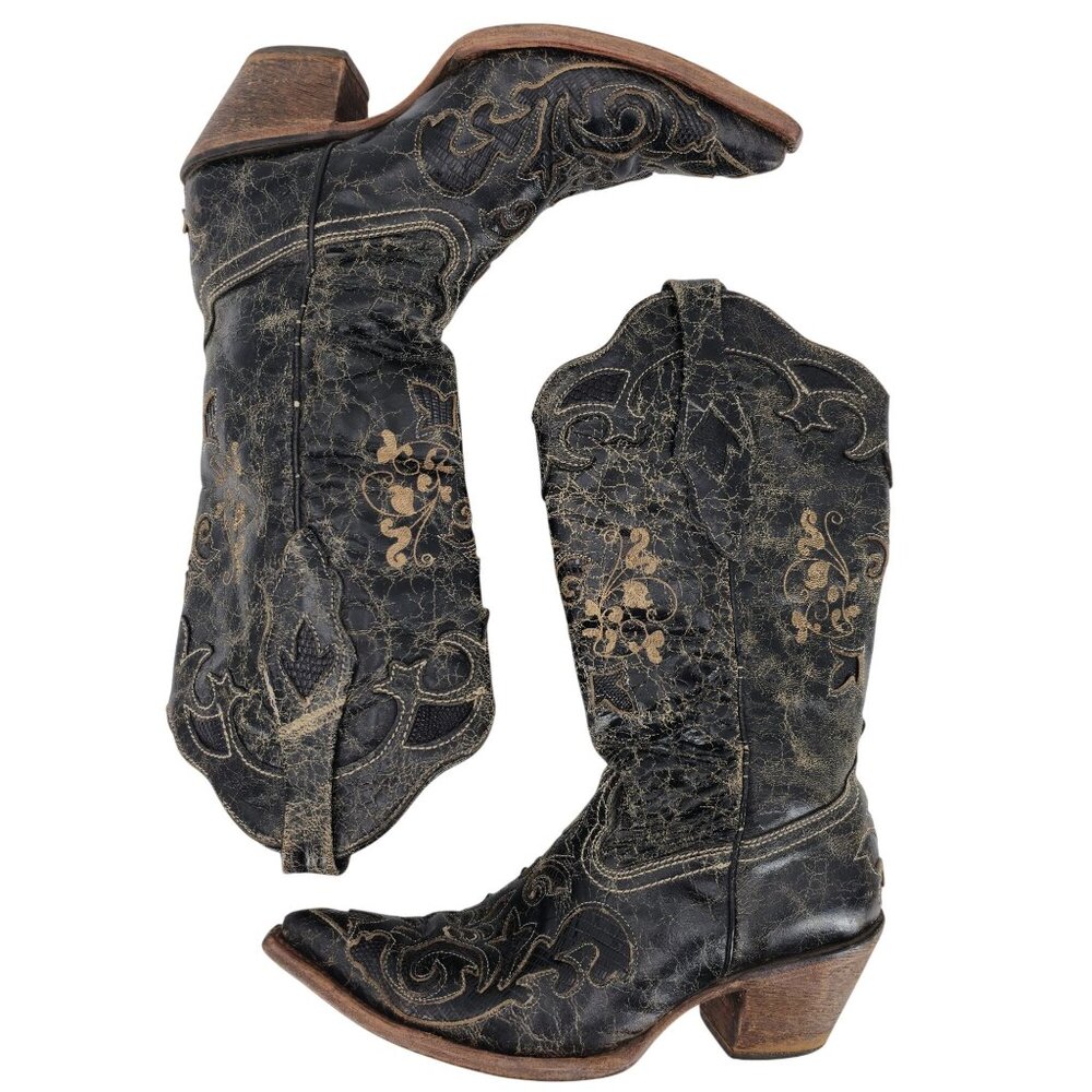 Corral Vintage Womens Size 6.5M Black Leather Cowboy Cowgirl Western Boots C2108 - Picture 8 of 16